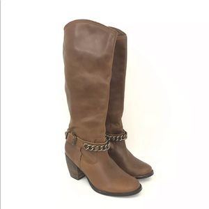 BCBGeneration Womens 7 1/2 BG-Arena Rugged Brown Chain Buckle Tall Riding Boots.